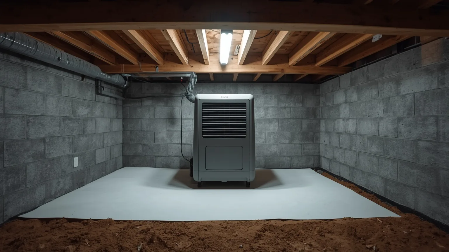 Crawl space dehumidifier standing on liner with a condensate hose