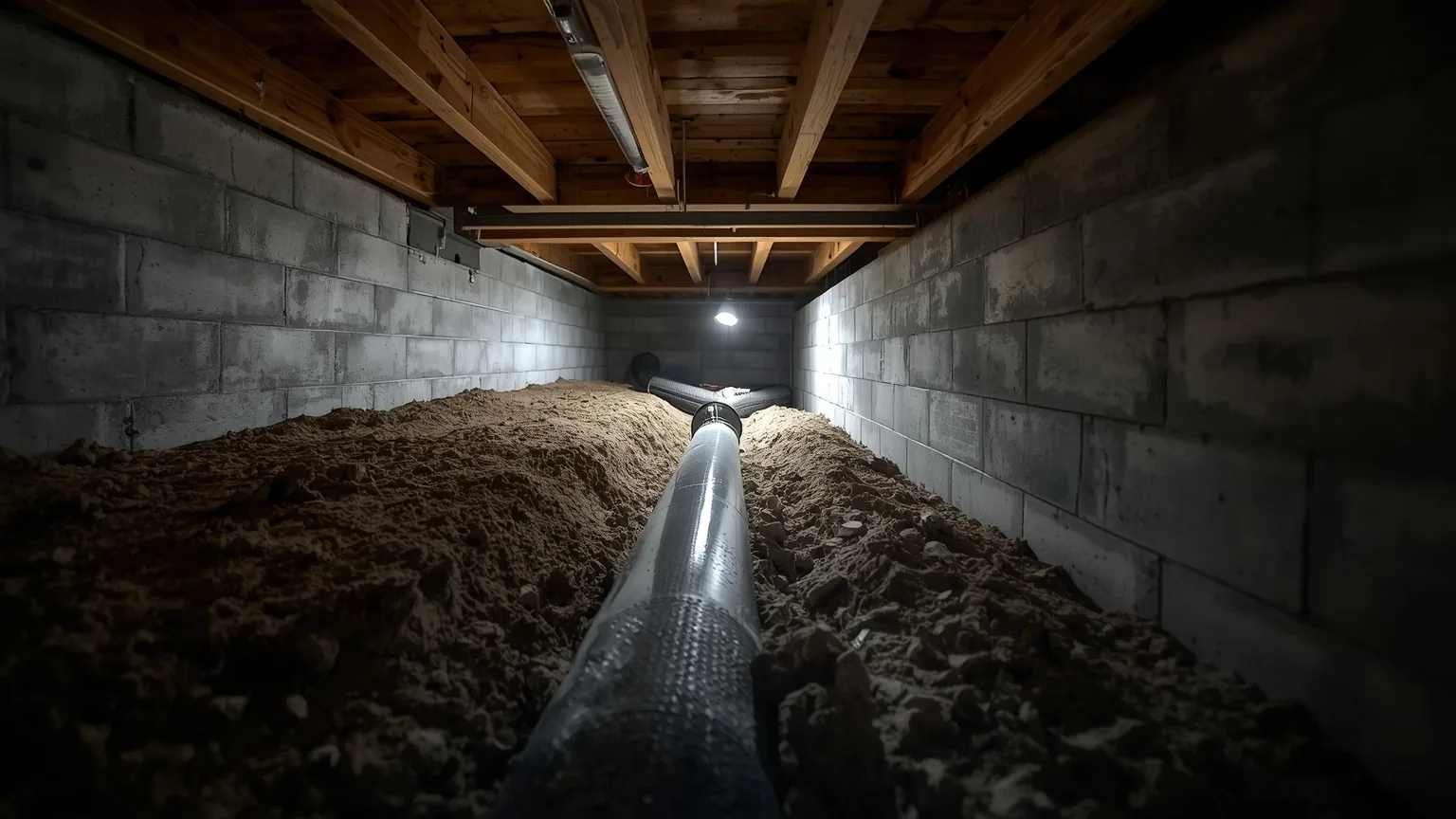 Perforated drainage pipe in a stone trench beside a block foundation wall