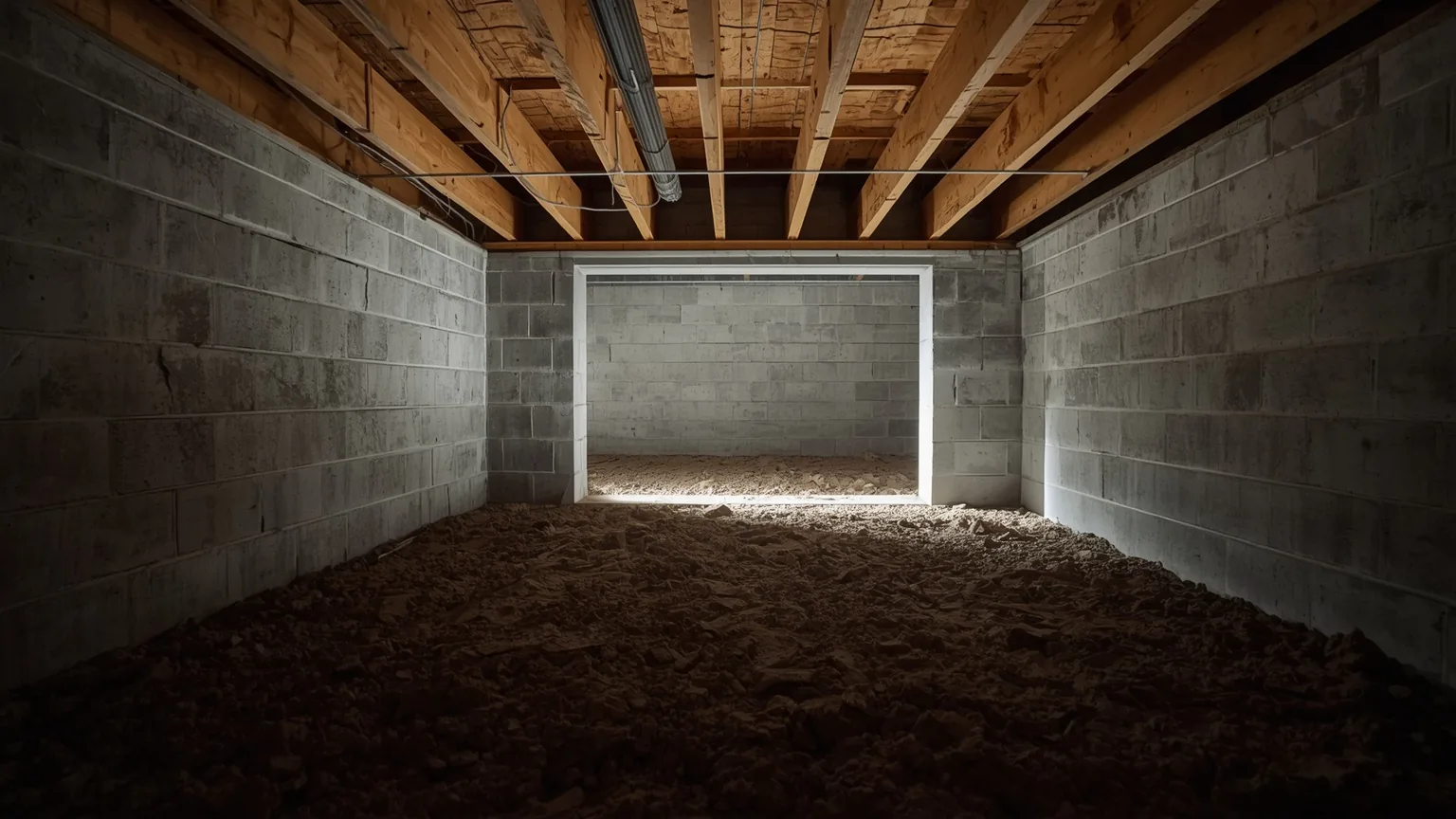 Open crawl space access hatch in a block wall letting daylight into the void