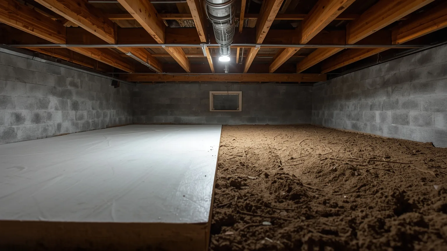 A crawl space floor half covered in liner and half still bare clay