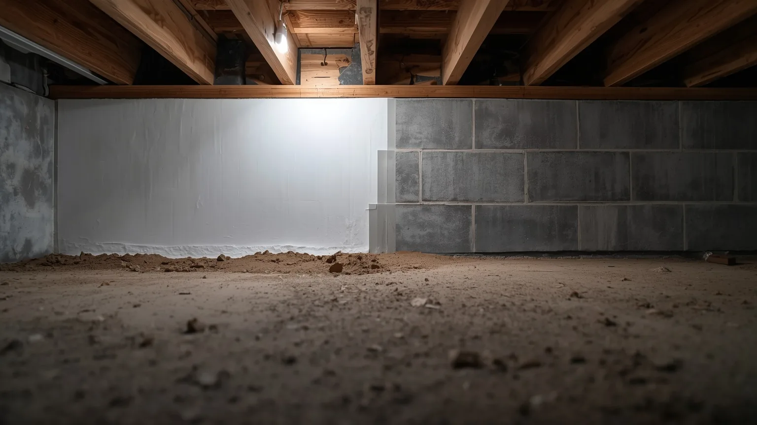 White wall liner installed across a concrete block crawl space wall with bare block still exposed alongside