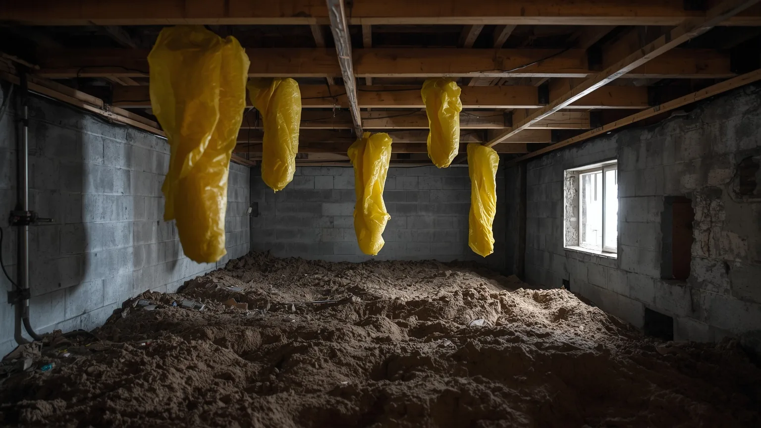 Fiberglass insulation batts sagging and fallen from crawl space floor joists