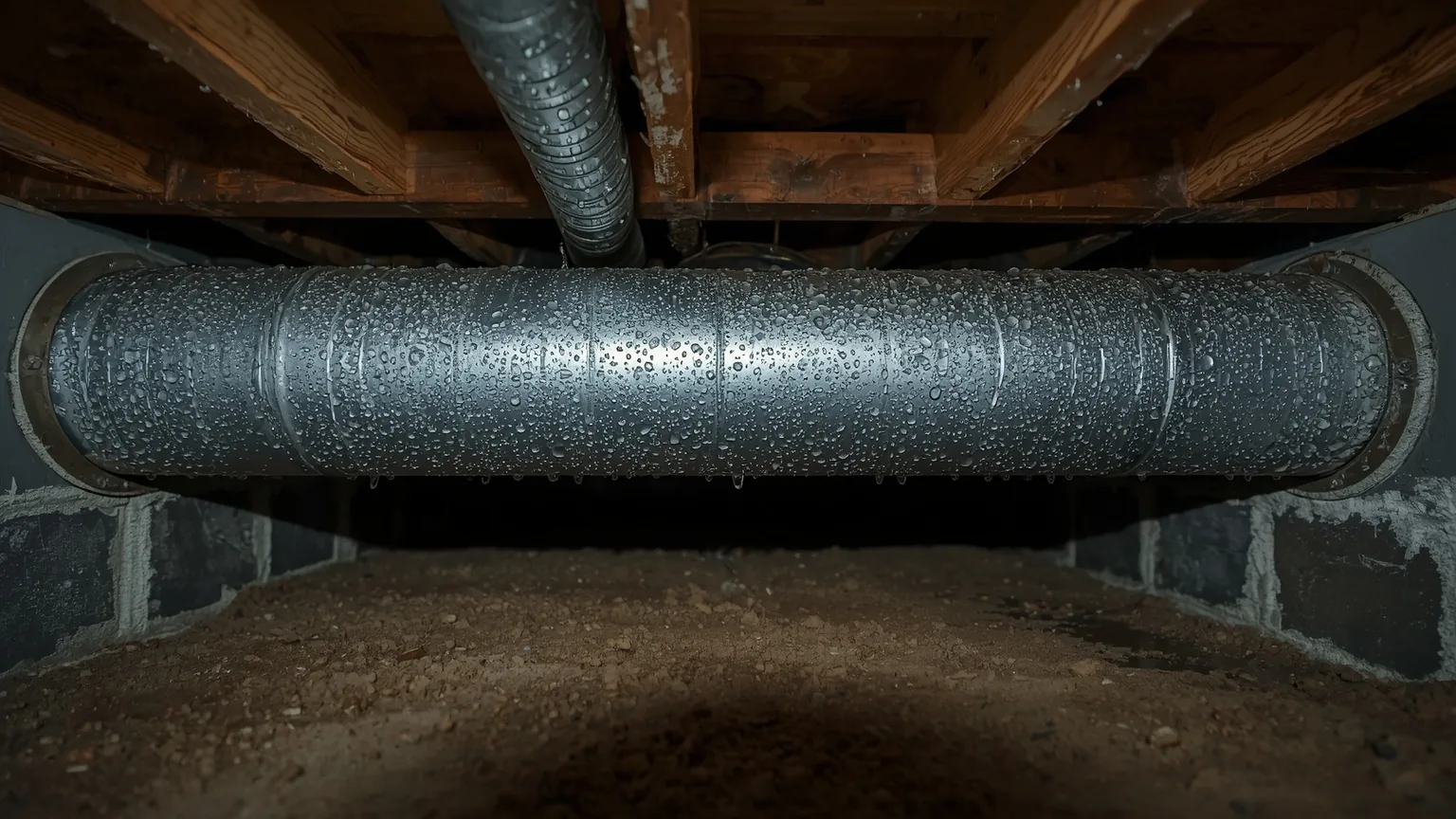 Condensation beading across a galvanized duct in a crawl space