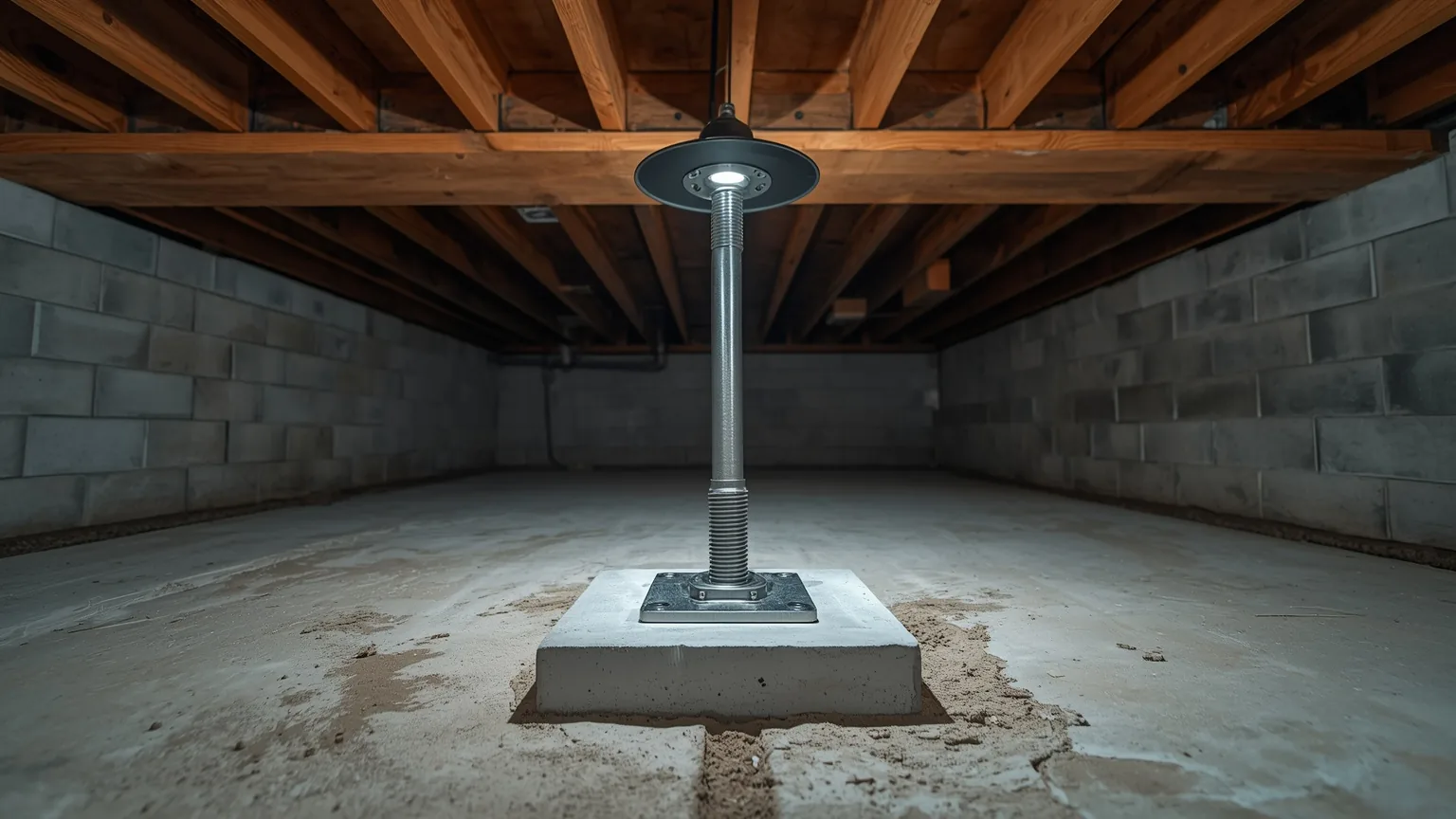 Steel adjustable jack post on a new concrete footing supporting a crawl space girder