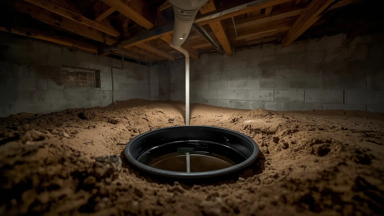 Sump basin set into a crawl space floor with standing water and discharge pipe