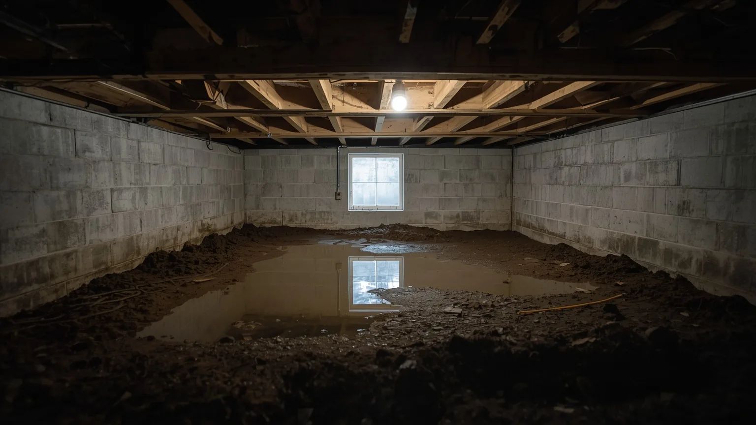 Standing water on clay soil at the base of a poured concrete crawl space wall