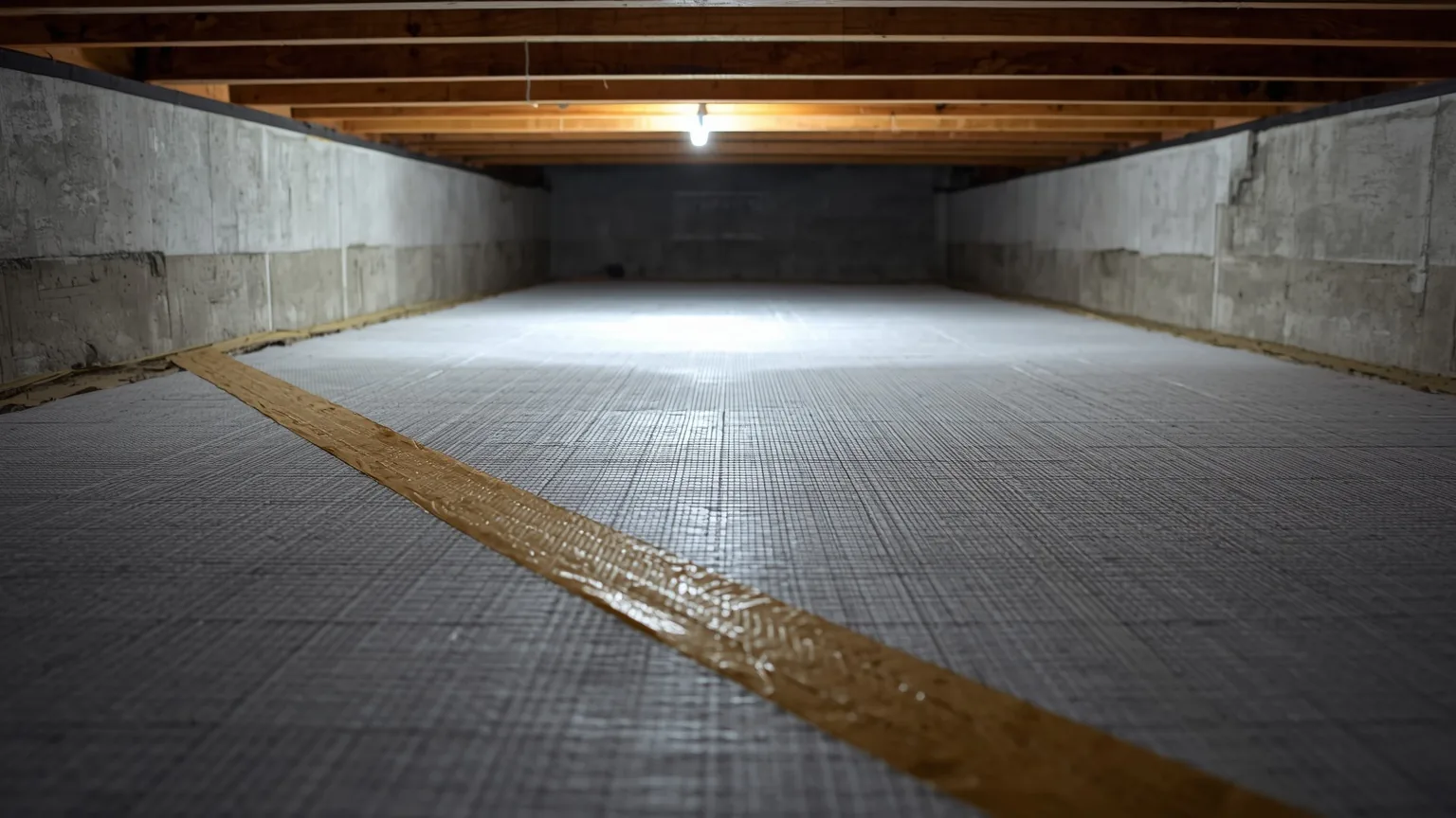 Reinforced crawl space liner showing its woven grid with a taped seam